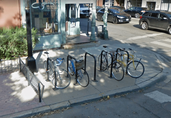Inverted U racks (these ones are near Wicker Park's Handlebar restaurant) may not be the prettiest bike parking solution, but they're a practical one.