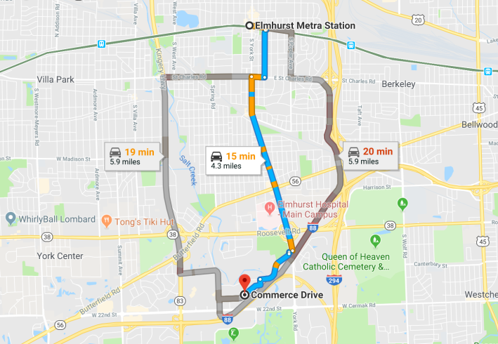 The Oak Brook shuttle will travel between either the Elmhurst station or the Hinsdale stop and businesses on Cemmerce Drive. Image: Google Maps