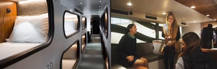 Cabin buses feature sleeping compartments and a lounge area.
