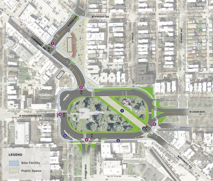 Option 2 "Traffic Oval" maintains one-way traffic around the square but closed Milwaukee to cars through the square. Image: CDOT