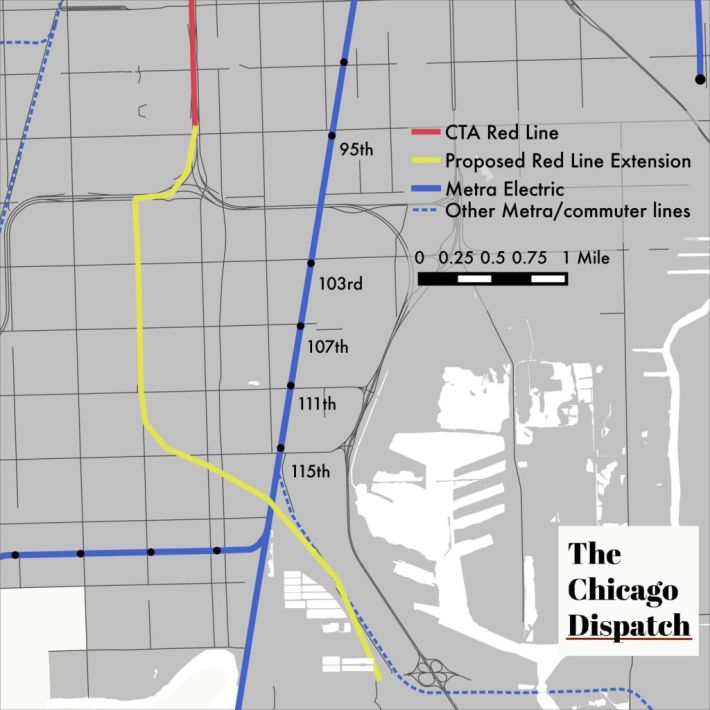 The Metra Electric District route (blue) serves much of the same territory as the proposed Red Line extension (yellow). Implementing rapid service on the MED would be a much cheaper way to improve service to the Far South Side.