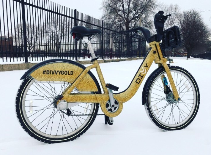 #Divvy Gold: The preferred bike-share vehicle of James Bond villains. Photo: Divvy