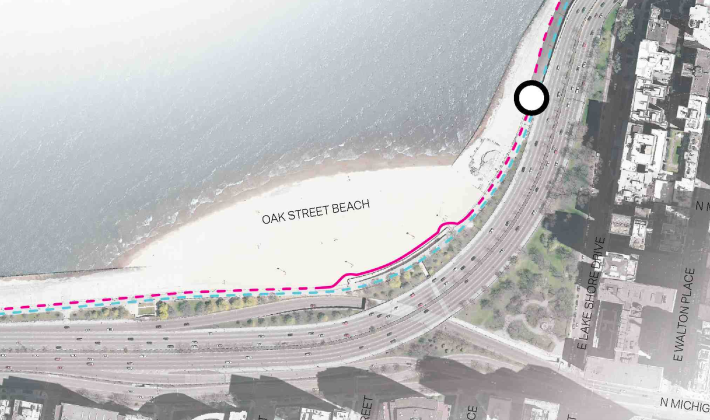 Pedestrian traffic (red route) would be detoured east around the Oak Street underpass via a new concrete revetment above the beach. Image: Chicago Park District.