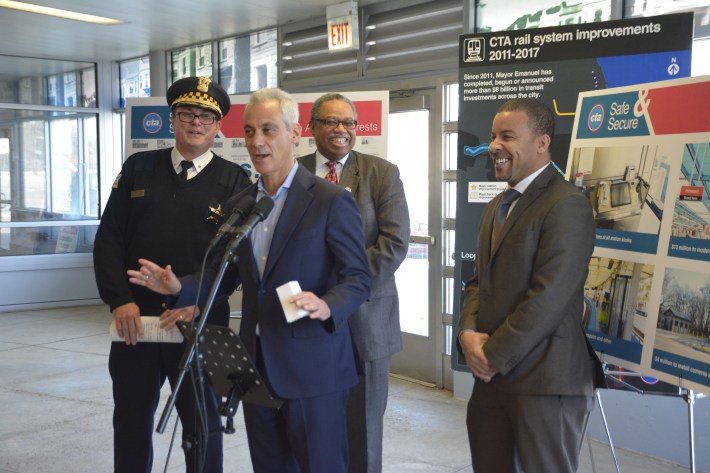 Emanuel with a Chicago Police Department rep, CTA president Dorval Carter Jr., and 24th Ward alderman Michael Scott Jr. Photo: CTA