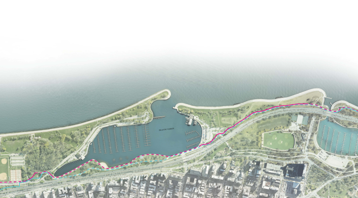 The existing Lakefront Trail will be widened between Belmont Harbor and Diversey Harbor. Image: Chicago Park District
