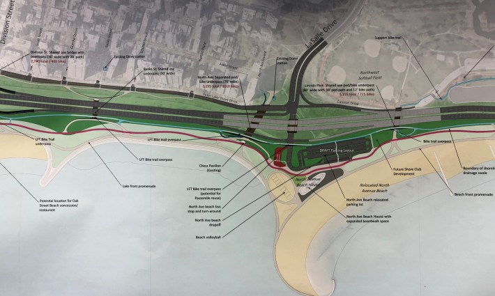 The proposed Lakefront Trail alignment is shown in red. There is a lot of beachfront parking.