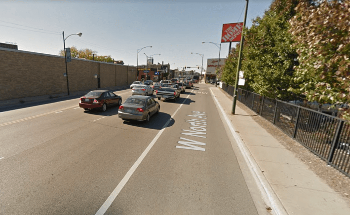 Wegerson says CTA bus drivers sometimes use the turn lane by the Home Depot on North Avenue as an express lane. Image: Google Street View