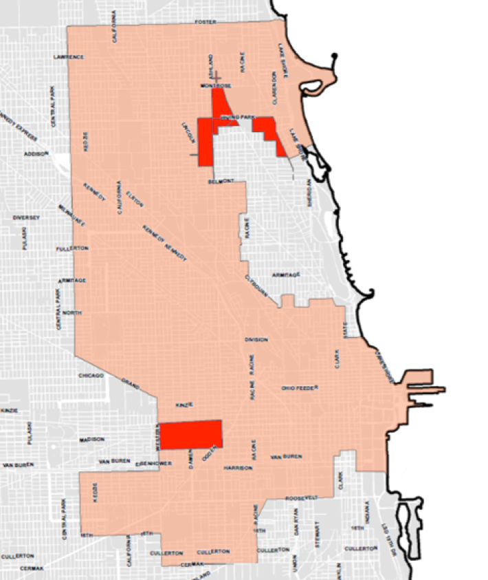 The final Home Zone map. The original proposal was for the coverage area to extend to 63rd. Special rules apply in the red areas during events at Wrigley Field and the United Center.