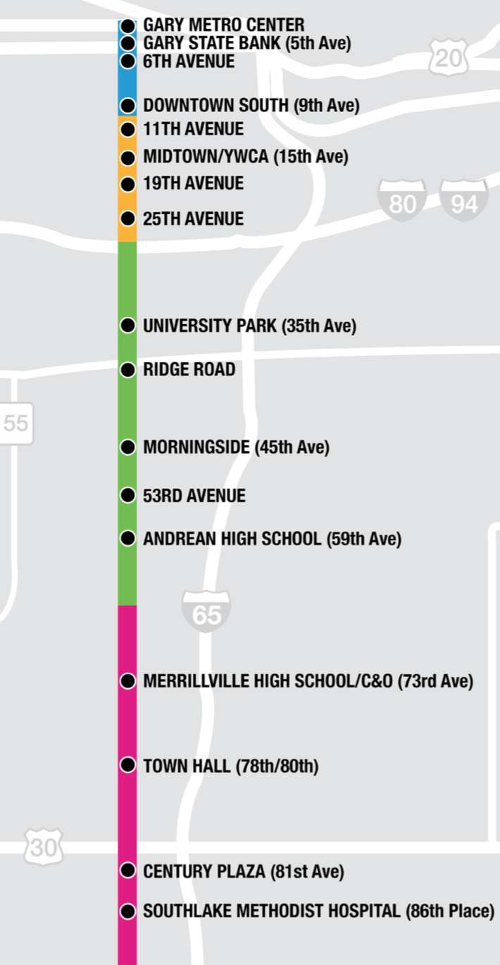 Stops along the Broadway Metro Express route
