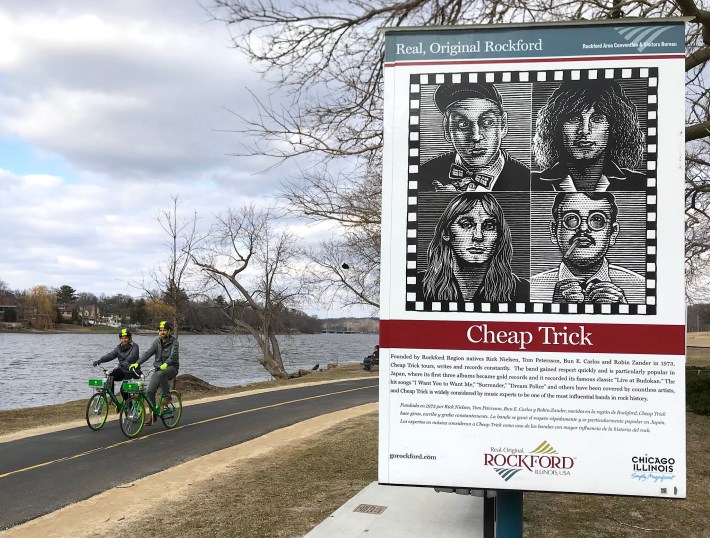 Riding LimeBikes along Rockford's riverfront trail. Photo: John Greenfield