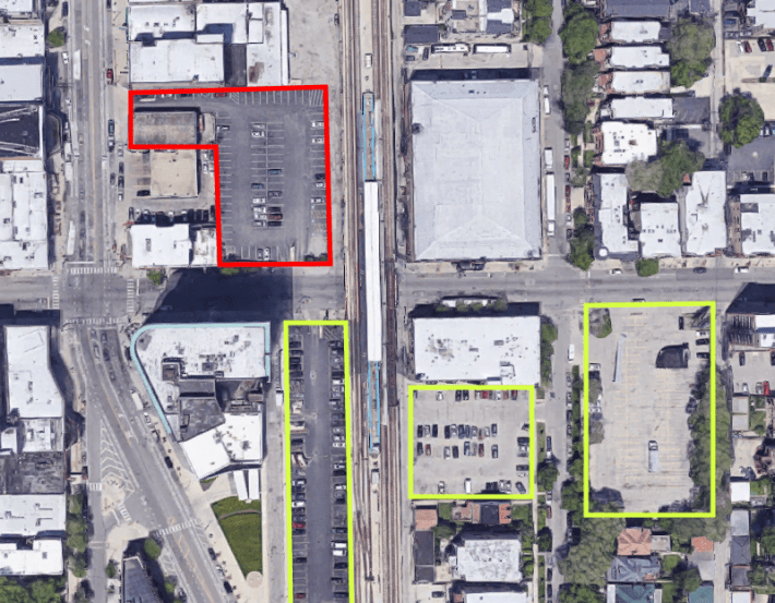 Aerial image showing the proposed development area shown in a red outline, and existing public surface lots shown in a green outline.