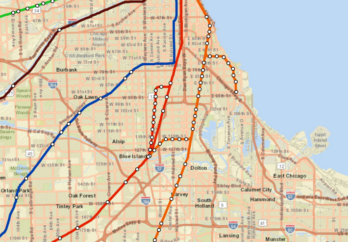 You can transfer from the Rock Island Line (red) to the Metra Electric Line (orange) at Blue Island to get from from Tinley Park to Hyde Park. Image: Metra
