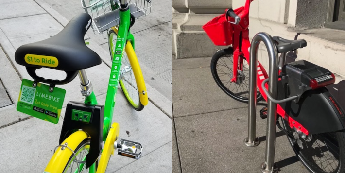 Companies can launch with 50 "free-floating" bikes, left, but they must replace them with up to 250 "lock-to" cycles, right, after July 1.