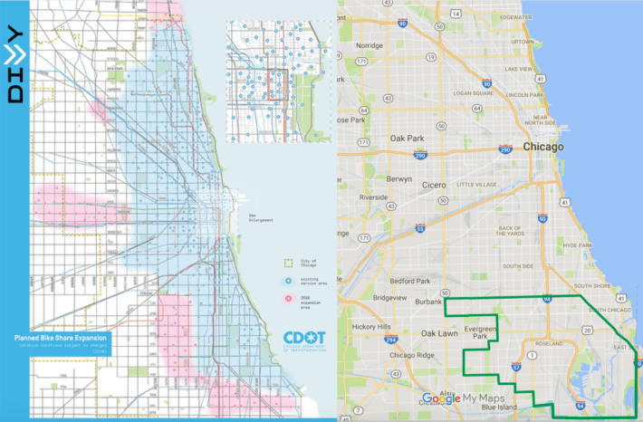 The Divvy zone versus the DoBi zone. Active Trans' Ron Burke says whether or not there will be sufficient dockless bike-share density on the Far South Side depends on how many companies participate in the pilot. Image: CDOT, Google Maps