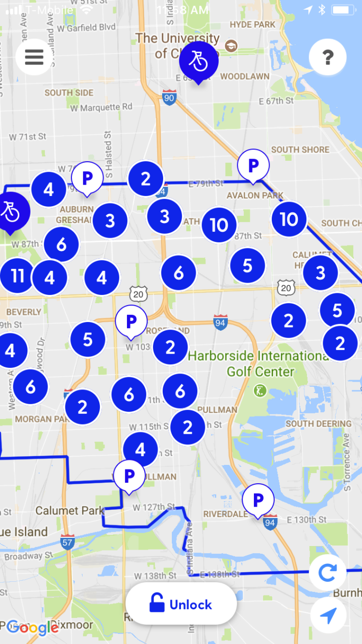 With five times as many bikes as LimeBike and Ofo, Pace seems to be covering the pilot area in a more equitable manner. "P" symbols mark the location of public bike racks."