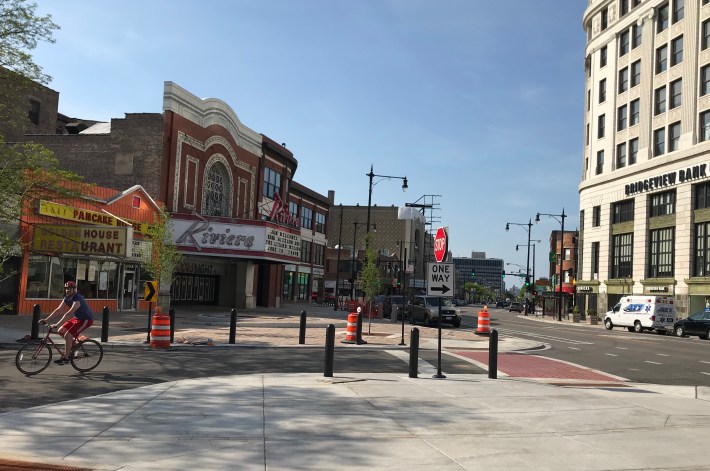 Looking north towards the new plaza. The southeast corner of the plaza was formerly the traffic island. Photo: John Greenfield