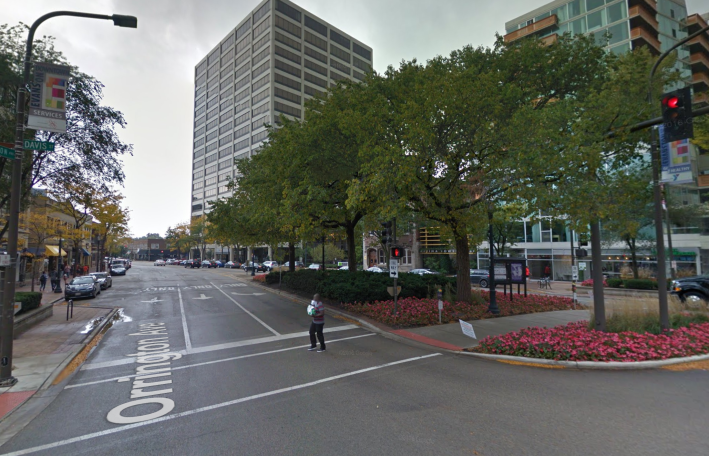The median between Orrington and Sherman prior to the renovation and road diet. Image: Google Street View