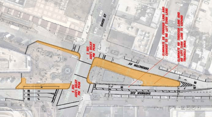 Orange on the map is street space that has been turned into public space. The map has been rotated so that north is on the left side.