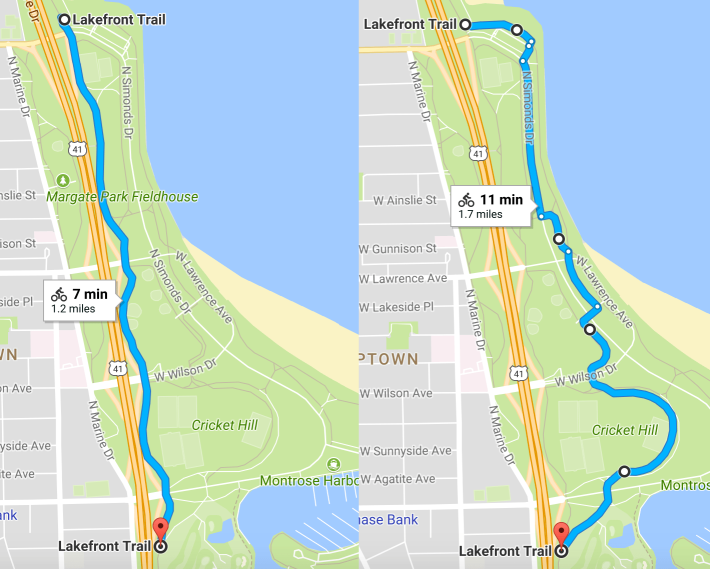 The bike detour (approximated on this Google map since some new segments need to be built) will add roughly a half-mile to the route. Image: Google Maps