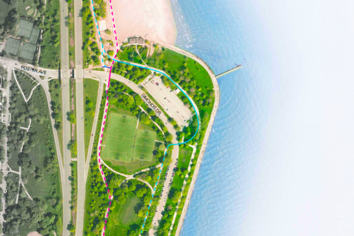 Uptown residents are worries that cyclists on the new bike path (blue) will endanger families picnicking on the grassy area north of the path, and people heading from the parking lot to the beach. Image: Chicago Park District