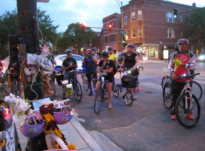Last year the ride visited the ghost bike for Anastasia Kondrasheva, who was fatally struck at Addison and Damen. Photo: Chicago Ride of Silence