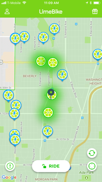 A screenshot from the LimeBike app showing many of their bikes clustered in Beverly.