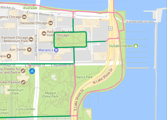 Current options for getting from Upper Randolph (where the Millennium Park bike station is located) to the Lakefront Trail are circuitous and non-intuitive.