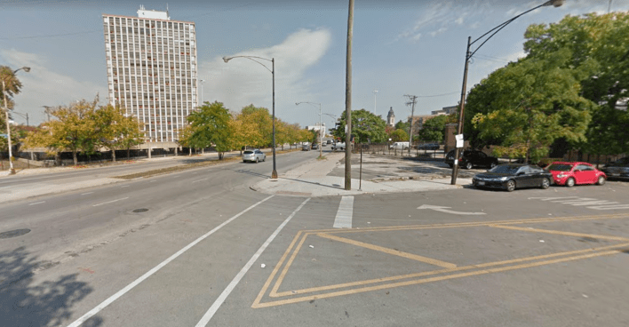 While WGN reported that the cyclist was struck in a crosswalk, Andrea Murphy said he was struck in the northeast-bound lanes of Ogden north of Erie, where there is no crosswalk. Image: Google Street View