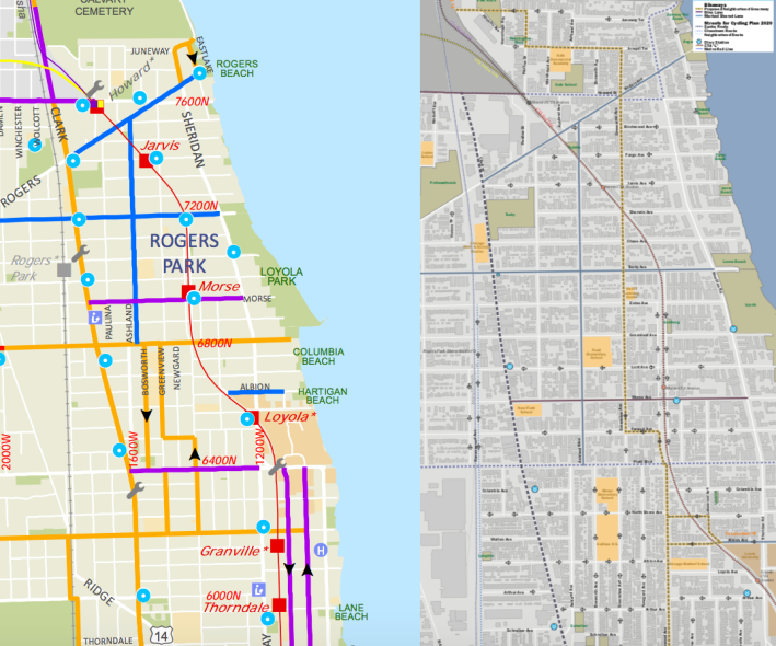 Current routes between the Lakefront Trail and Evanston and the Rogers Park Greenway Route (gold). Maps: CDOT