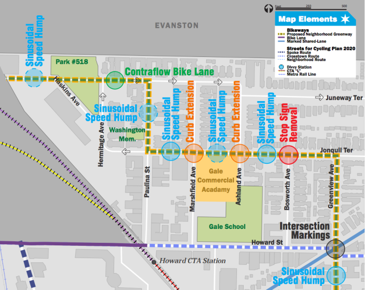 The route will use a contraflow bike lane, and a park crossing, to make its way from Greenview to the Evanston border. Map: CDOT