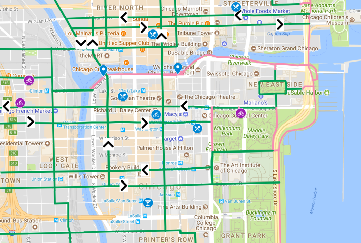 A screen shot from the online Google Map version of the Mellow Bike Map, available at tinyurl.com/MellowChicagoMap