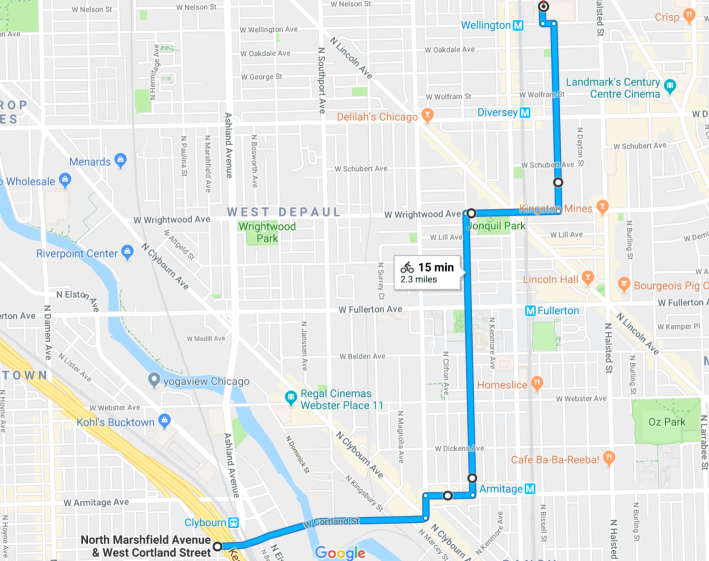 A low-stress route fro the Bloomingdale Trail to Illinois Masonic Hospital. Image: Google Maps
