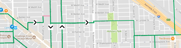 Eastbound route from Logan Square to Bucktown via Lyndale. Image: The Mellow Chicago Bike Map
