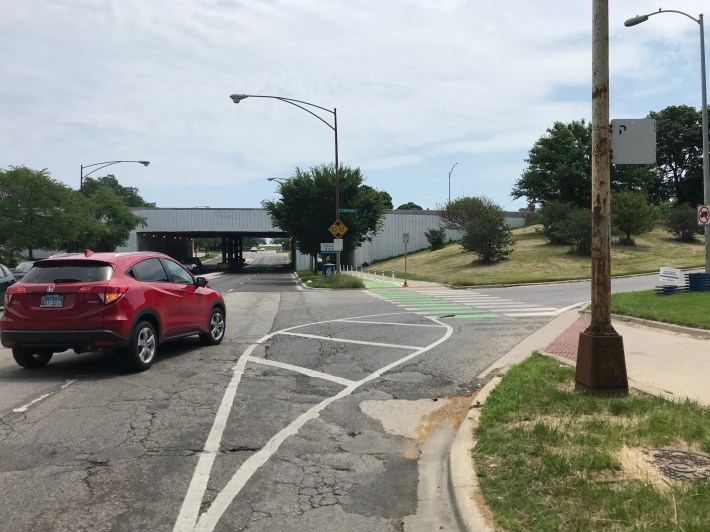 The southbound on-ramp to Lake Shore Drive at Lawrence. It's a good idea to look over your left shoulder for turning drivers before crossing the on-ramps. Photo: John Greenfield