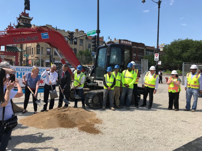 Scheinfeld, Emanuel, and a local community leader break ground on Phase II of the Wells-Wentworth Connector. Photo: John Greenfield