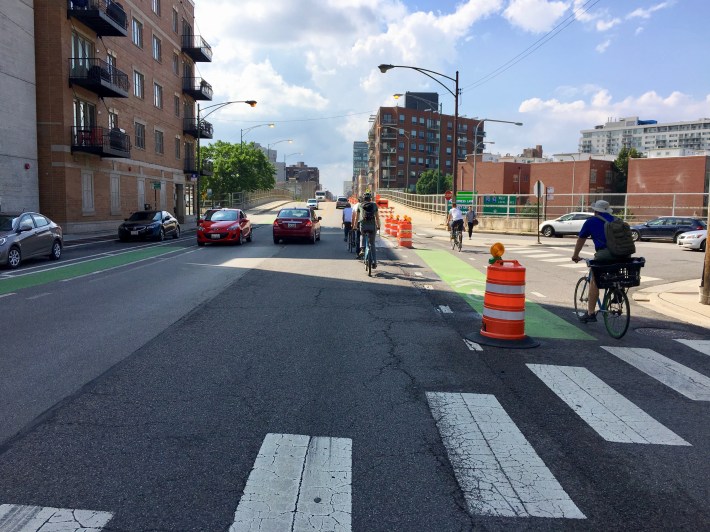 Motorists coming from the north on Green Street (which is a north-south street) often make a dash across the bike lanes and travel lanes of Milwaukee, putting bicyclists and other motorists at risk.