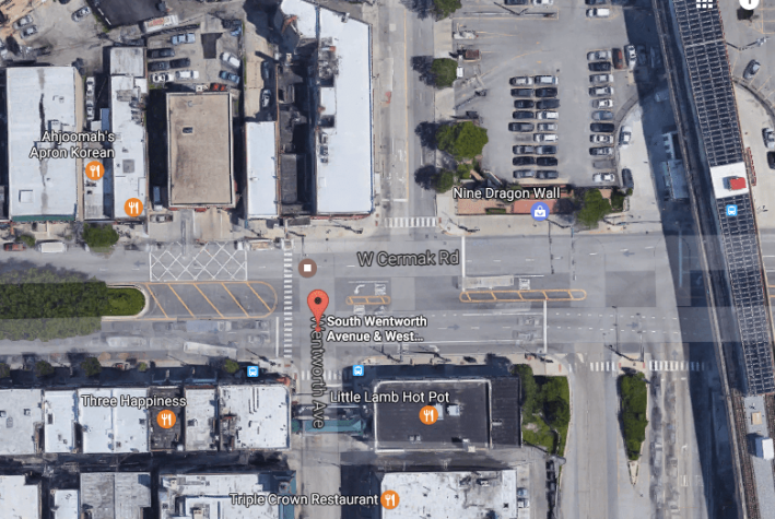 Aerial view of the skewed Cermak / Wentworth intersection. Image: Google Maps