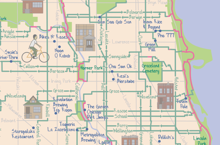 A portion of the illustrated version of the Mellow Chicago Bike Map showing the Leavitt and Oakley/Lincoln/Bell alternatives to Damen. Illustration: Joe Mills