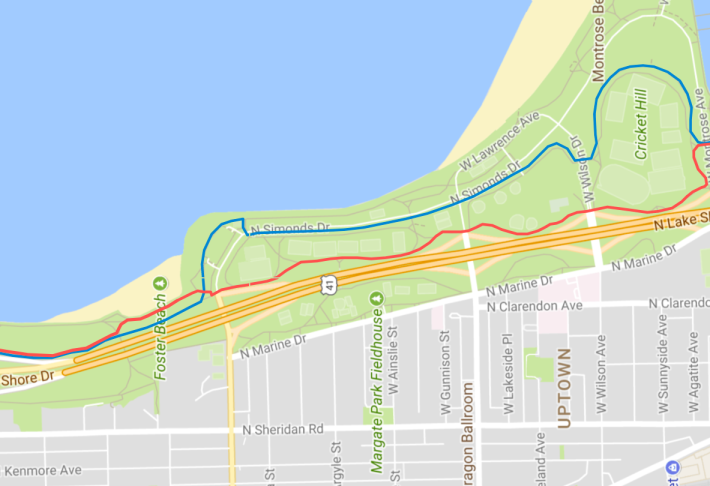 The new bike route (blue) and the pedestrian route (red), between Montrose and Ardmore. Image: Google Maps