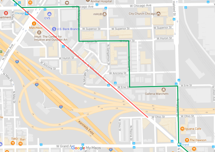 Here's a two-way route (green) you can use to avoid the construction area (red): Chicago, Morgan, Huron, Peoria, Erie, and Halsted. Map: John Greenfield via Google Maps