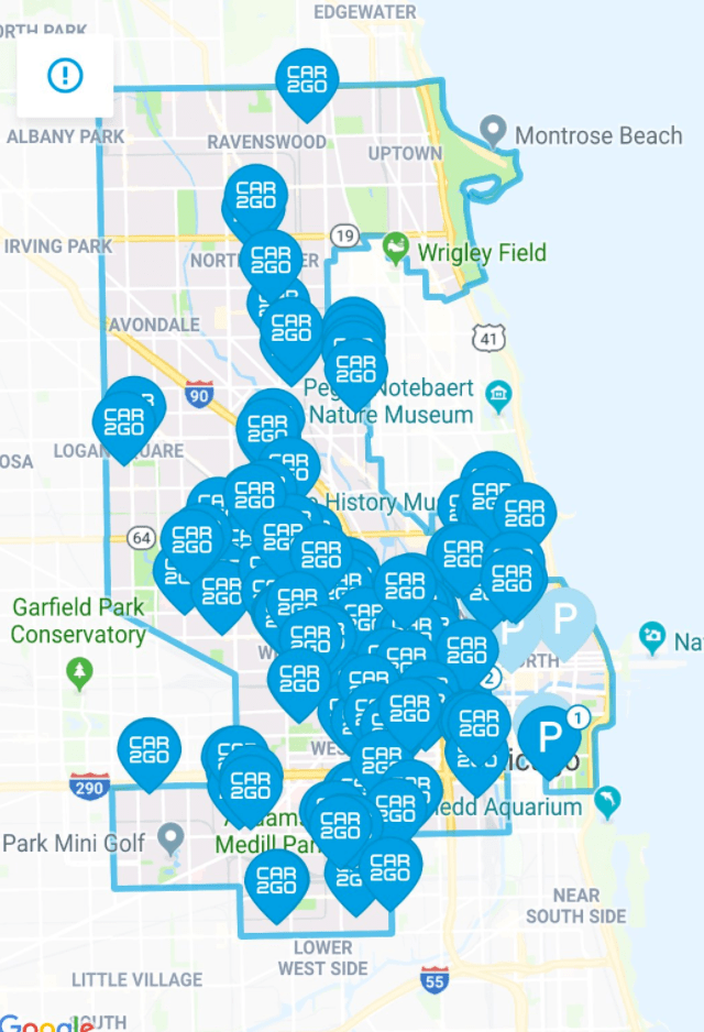 The convoluted Chicago pilot area, as it appeared in the Car2go app this morning. Screenshot: Colin Murphy