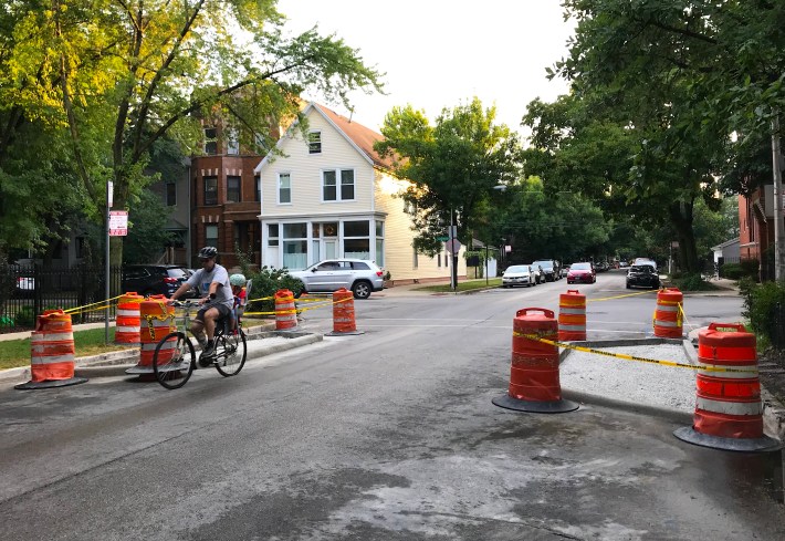 Curb extensions under construction at School and Lakewood (1300 West.) Photo: John Greenfield
