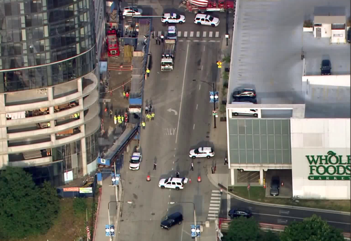 Aerial photo of the crash site, looking west on Madison towards Halsted. Photo: Sarah Jindra, WGN, via Twitter