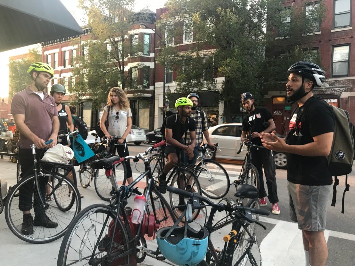 Dominguez addresses the group at the start of the ride. Photo: Lynda Lopez