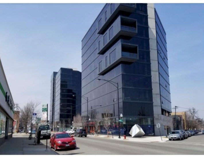 The MiCA towers, a controversial upscale TOD in Logan Square with ten percent affordable units. Photo: Borna Khoshand