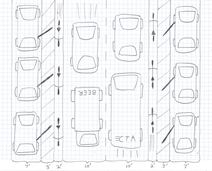 My anti-dooring bike lane layout proposal from Friday. Image: John Greenfield