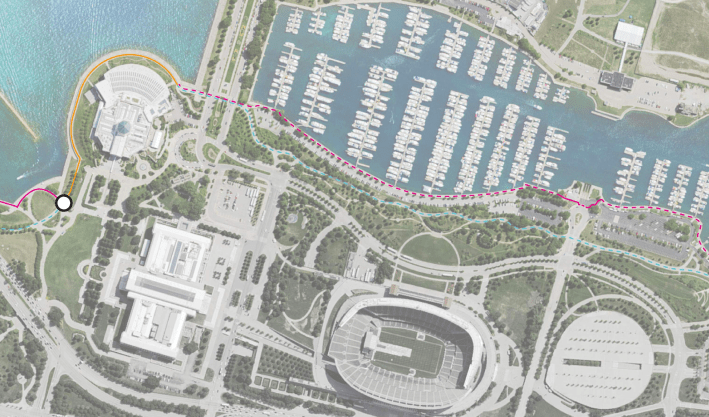 The trail plan south of Roosevelt. Red is the pedestrian route, blue is the bike route.