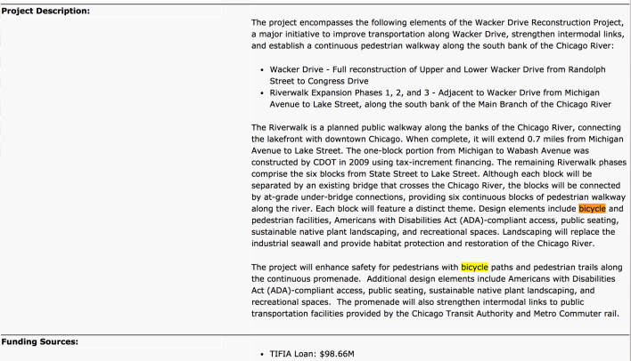 The U.S. DOT project description for the Chicago Riverwalk identifies it as a bike and ped facility. Click to enlarge.