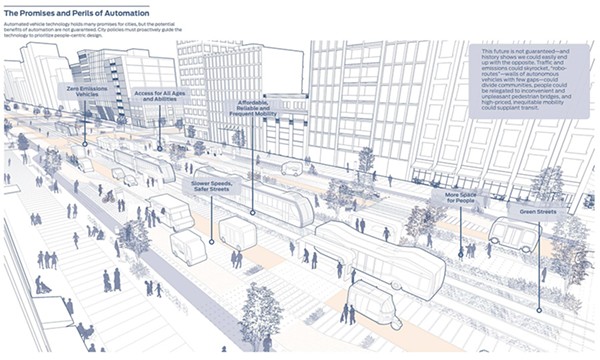 Rendering of a city street with driverless vehicles from the National Association of City Transportation Official's “Blueprint for Autonomous Urbanism.”