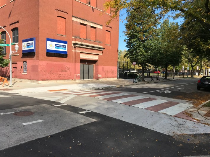 The raised crosswalk at Hawthorne School. Photo: John Greenfield